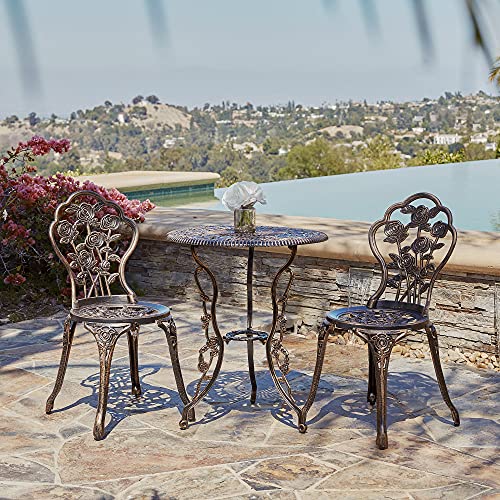 BELLEZE Cast Iron 3 Piece Bistro Set Weather Resistant Round Outdoor Patio Metal Garden Cafe Dining Table with 2 Chairs Boho Retro Vintage Design  Bronze