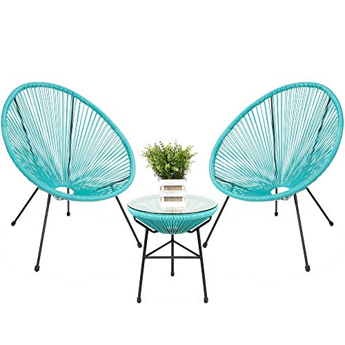 Best Choice Products 3Piece Outdoor Acapulco AllWeather Patio Conversation Bistro Set wPlastic Rope Glass Top Table and 2 Chairs  Light Blue