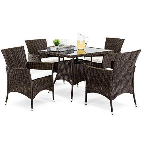 Best Choice Products 5Piece Indoor Outdoor Wicker Dining Set Furniture for Patio Backyard wSquare Glass Table Top Umbrella Cutout 4 Chairs  Cream