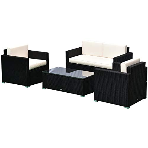 Outsunny 4Piece Cushioned Patio Furniture Set with 2 Chairs Loveseat and Glass Coffee Table Rattan Wicker Black
