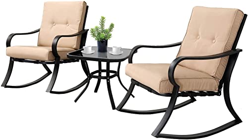 SOLAURA 3Piece Outdoor Rocking Chairs Bistro Set Black Iron Patio Furniture with Brown Thickened Cushion  GlassTop Coffee Table