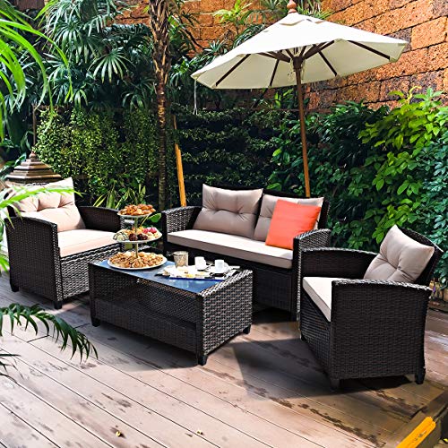 Tangkula 4Piece Patio Furniture Set Rattan Wicker Chair Set with 1 Loveseat 2 Single Sofas 1 Coffee Table with Tempered Glass Top Outdoor Furniture Sets for Backyard Porch Garden and Poolside