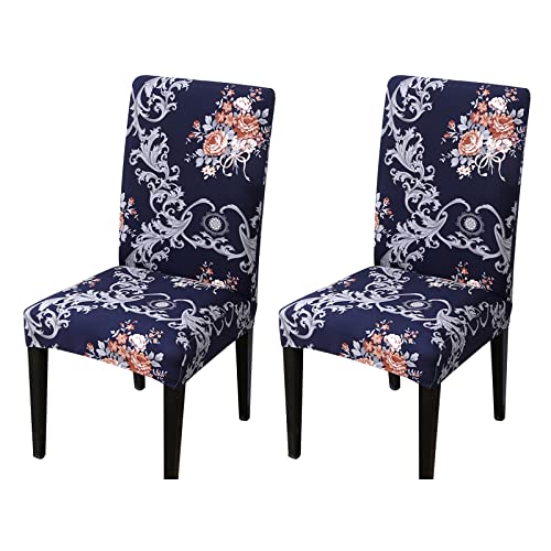 Epinki Chair Cover 2 Pack Spandex Vintage Flower Vines and Flowers Seat Covers for High Dining Chairs (Dark Blue 2PCS)
