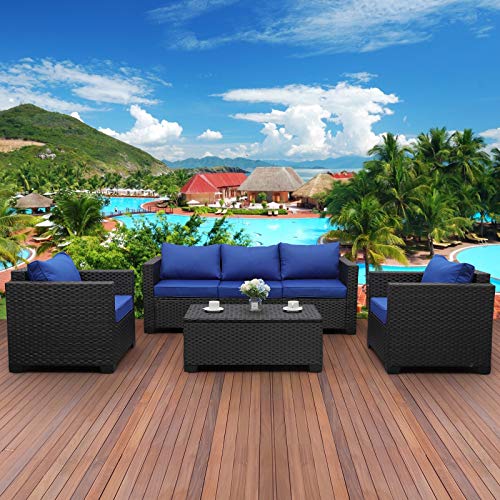 4 Pieces Patio PE Wicker Furniture Set Resin Rattan Outdoor Conversation Sofa Sets Sectional Couch with Table and Royal Blue Cushions