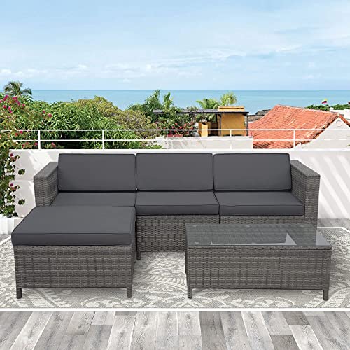 5 Piece Patio Furniture Set Outdoor All Weather PE Wicker Sectional Couch Sofa Sets Conversation Set with Table Dark Gray Wicker  Dark Grey Cushions