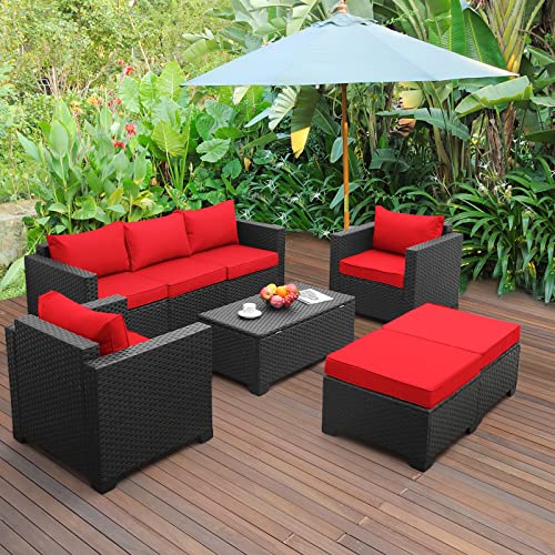 6 Pieces Patio Wicker Furniture Set Outdoor PE Rattan Conversation Couch Sectional Chair Sofa Set with Red Cushion