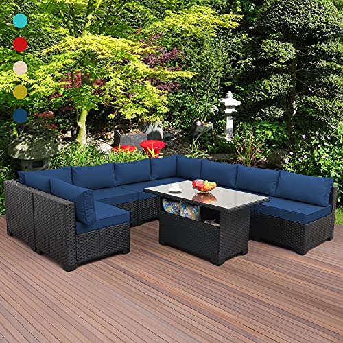 9 Pieces Patio Furniture Sectional Sofa Outdoor Wicker Furniture Couch Set with Blue NonSlip Cushions Furniture Cover Black PE Rattan
