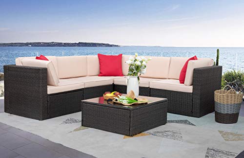 Homall 6 Pieces Furniture Outdoor Sectional Sofa All Weather PE Rattan Patio Conversation Set Manual Wicker Couch with Cushions and Glass Table Beige