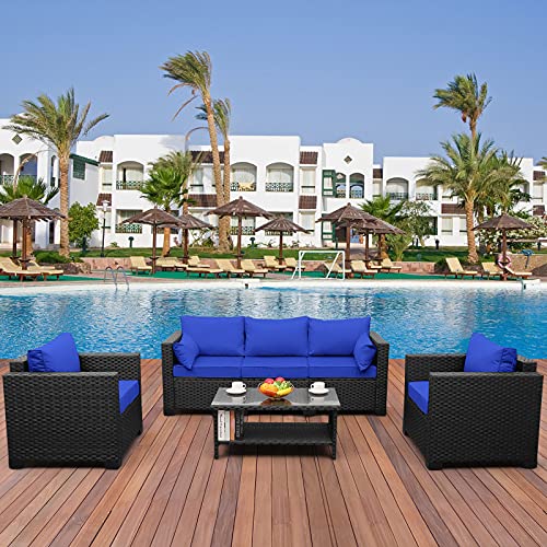 Lviden 4 Pieces Patio PE Wicker Sofa Sets Outdoor Rattan Conversation Furniture Set sectional Couch with Table and Royal Blue Cushions