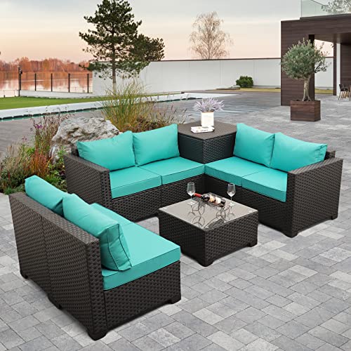 Outdoor PE Rattan Furniture Set 6 Piece Patio Wicker Sectional Conversation LoveSeat Couch Sofa Set with Storage Table Box Turquoise Cushion