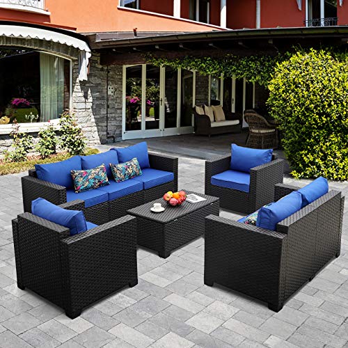 Rattaner Outdoor Wicker Furniture Set 5 Pieces Patio Sectional Sofa Couch Set with Storage Table and Furniture Covers Royal Blue Cushions Black PE Rattan
