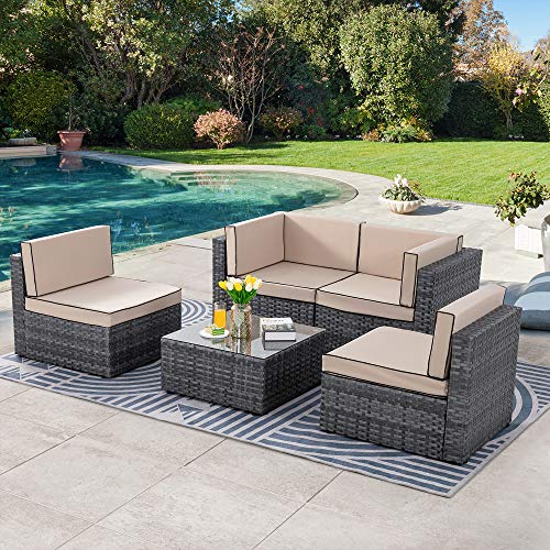 SUNLEI 5pcs Patio Conversation Set Outdoor Furniture SetsLow Back AllWeather Rattan Sectional Sofa with Tea TableWashable Couch CushionsOttoman(Silver Rattan)（BlackKhaki）