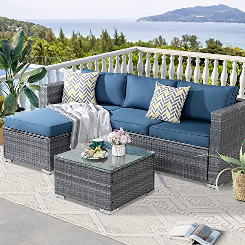 SUNLEI Outdoor Furniture Patio SetsLow Back AllWeather Small Rattan Sectional Sofa with Tea TableWashable Couch CushionsUpgrade Wicker(Silver Rattan) (Aegean Blue)