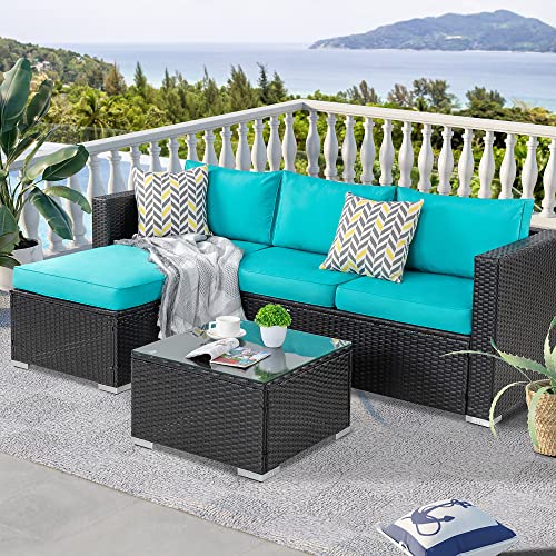 SUNLEI Outdoor Furniture Patio SetsLow Back AllWeather Small Rattan Sectional Sofa with Tea TableWashable Couch CushionsUpgrade Wicker（Blue）