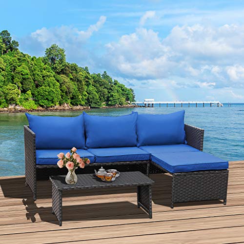 Valita 3Piece Outdoor PE Rattan Furniture Set Patio Wicker Conversation Loveseat Sofa Sectional Couch Royal Blue Cushion