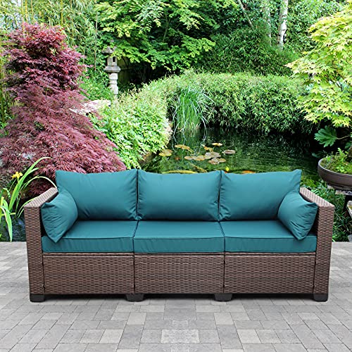 Valita 3Seat Patio PE Wicker Couch Furniture Outdoor Brown Rattan Sofa with Washable Peacock Blue Cushions