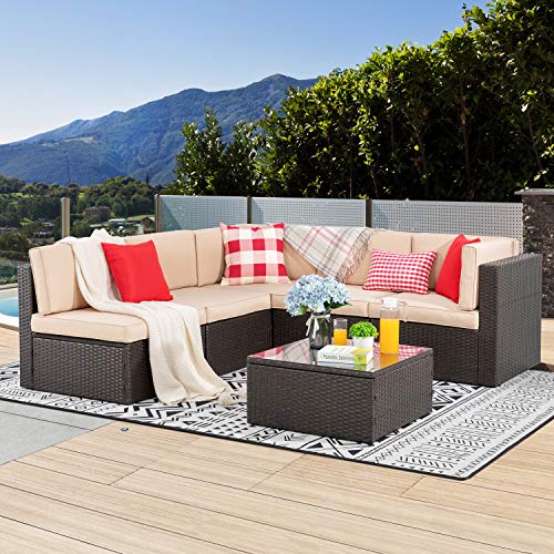 Vongrasig 6 Piece Patio Furniture Set Small Outdoor Sectional Sofa Couch All Weather PE Wicker LShaped Corner Patio Sofa Garden Backyard Patio Conversation Set wGlass Table (Beige)