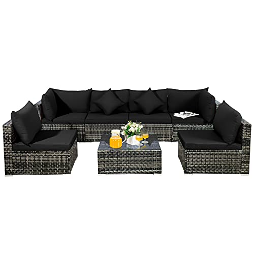 7Piece Patio Furniture Set Patiojoy Outdoor Sectional PE Rattan Sofa Set with Cushions and Tempered Glass Coffee Table AllWeather Conversation Set for Backyard (Black)