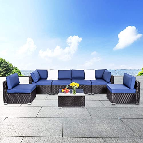 7 Pieces Outdoor Patio Furniture Set All Weather Black PE Rattan Wicker Sofa Set Sectional Furniture Sofa Couch Set with Dark Blue Cushions and Glass Table for Garden Porch Poolside