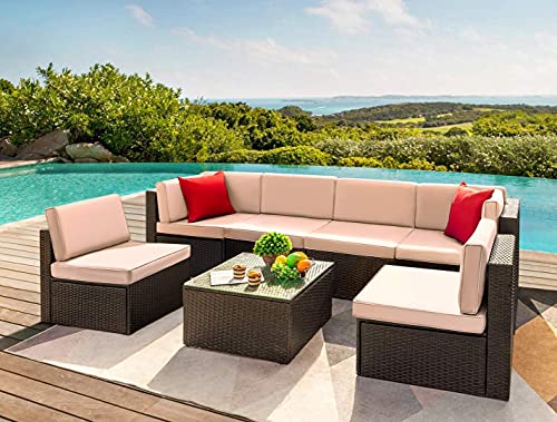 Devoko 7 Pieces Outdoor Sectional Sofa Patio Furniture Sets Manual Weaving Wicker Rattan Patio Conversation Sets with Cushion and Glass Table (Beige)