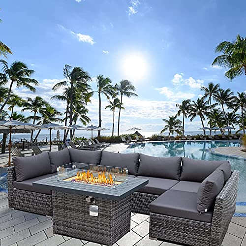 Extra Large 118‘ L sectional Sofa Set 7 Piece Patio Furniture with fire Pit Grey Rattan Wicker Patio Conversation Sets with fire Pit Table sectional Patio Furniture Outdoor Sofa Set with Cushion