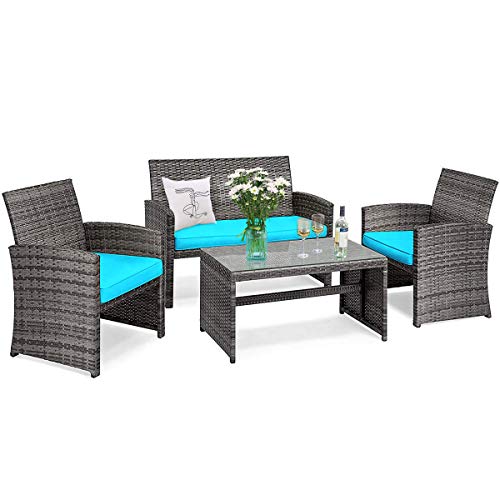 Goplus Rattan Furniture Set 4 Pieces Outdoor Wicker Conversation Sofa Set with Cushions and Table for Garden Yard Patio Balcony (Blue)