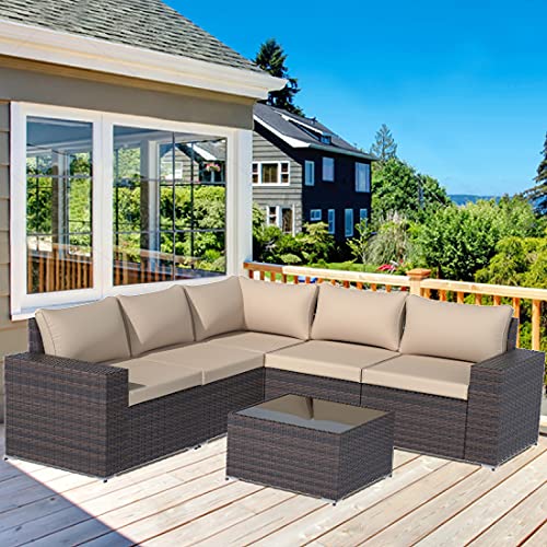 Gotland Outdoor Patio Furniture Sets 6 Piece Patio Sectional Furniture AllWeather Outdoor Patio Sofa PE Wicker Backyard Deck Couch Conversation Chair Set with Table  5 SandKhaki Thickened Cushions