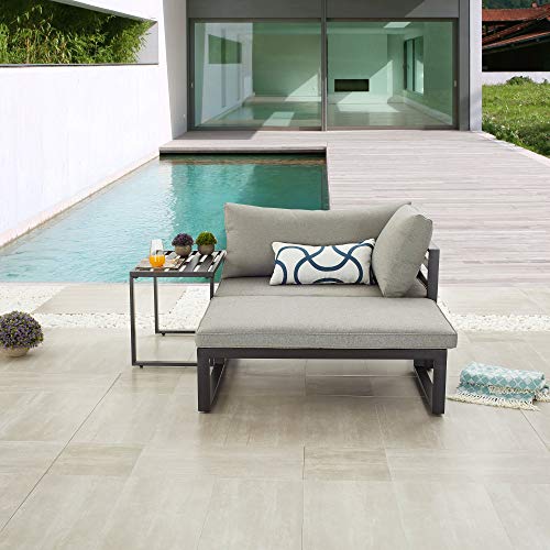 LOKATSE HOME 3 Pieces Outdoor Sectional Furniture Patio Conversation Set Steel Corner Sofa Chair with Cushion and Coffee Table Grey