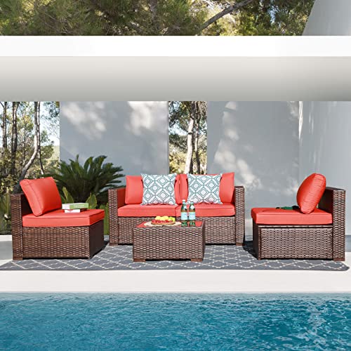 OC OrangeCasual 5 Piece Patio Furniture Set AllWeather Outdoor Small Sectional Sofa Set Weaving Wicker Couches with Glass Table Brown Rattan Orange Cushion