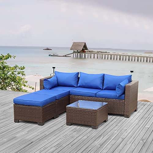 Outdoor Sectional Sofa Set 4Piece 6Seater Brown PE Wicker Patio Conversation Furniture Couch with Royal Blue Cushion 2 Lshaped Loveseats and Ottomans Multipurpose tempered glass Coffee Table