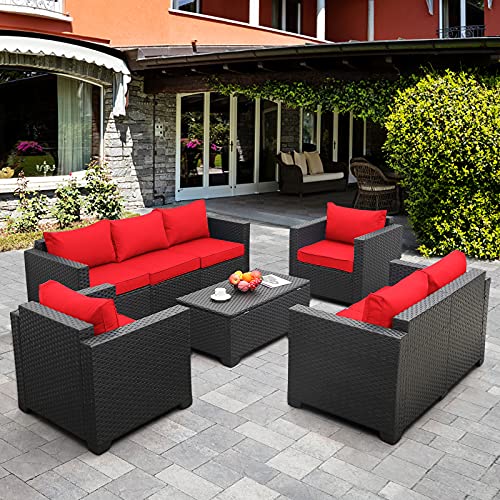 Outdoor Wicker Furniture Set 5 Pieces Patio Furniture Sectional Sofa Couch Set with Storage Table and Furniture Covers Red Cushions Black PE Rattan