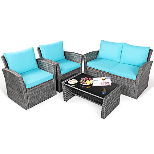 Tangkula 4 Pieces Patio Furniture Set All Weather Outdoor Sectional Rattan Sofa Set with Cushions  Tempered Glass Table Wicker Conversation Couch Set for Backyard Garden Poolside (Turquoise)