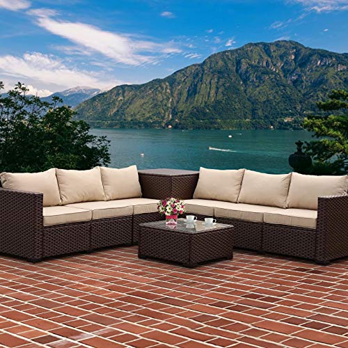 VALITA 6 Pieces Patio PE Wicker Furniture Set Outdoor Brown Rattan Sectional Conversation Sofa Chair with Storage Table and Beige Cushions