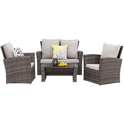 Wisteria Lane 4 Piece Outdoor Patio Furniture Sets Wicker Conversation Set for Porch Deck Gray Rattan Sofa Chair with Cushion