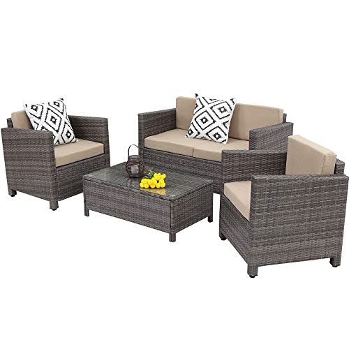 Wisteria Lane Patio Furniture Set 4 Piece Outdoor Conversation Sets Wicker Sofa Set with Cushion for Garden Deck Porch (Grey)