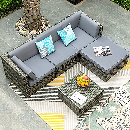 YITAHOME 5 Piece Outdoor Patio Furniture Sets AllWeather Wicker Sectional Sofa Patio Conversation Set with Ottoman Coffee Table and Cushions Gray Gradient