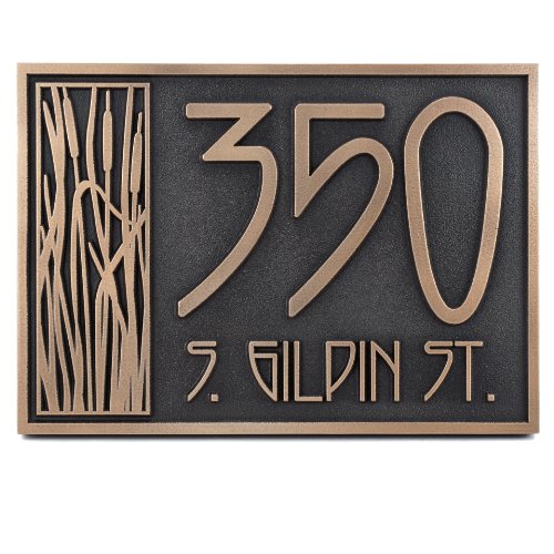 Craftsman House Numbers Plaque with Cattail - 12x85 - Raised Bronze Metal Coated Sign