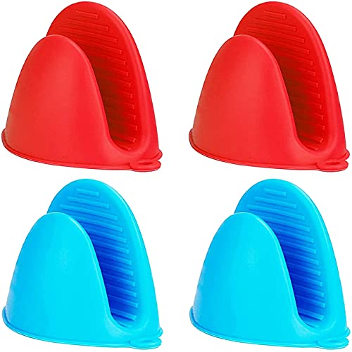 2 Pairs Mini Silicone Oven Mitts BBQ Gloves Oven Gloves Heat Insulation Cooking Pinch Mitts Potholder for Outdoor and Kitchen Cooking  Baking (Red and Blue)