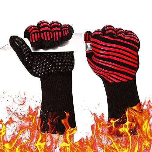 932℉ Extreme Heat Resistant Gloves Silicone Oven Mitts for Kitchen  High Heat BBQ Gloves for Grilling Large Oven Gloves for Men Long Grill Gloves for Cooking Red Protective Grilling Mitts