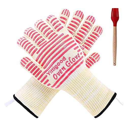932℉ Heat Resistant BBQ Gloves Kitchen Oven Mitts Oven Gloves with Free Silicone Brush Silicone NonSlip Extreme Hot Glove for Grilling Cooking BakingSmoker Long Cuff 2 Pack (Big Red) Yittigood