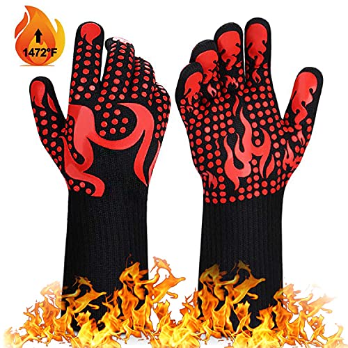 BBQ Gloves Grill Gloves 1472℉ Extreme Heat Resistant Protective Oven Gloves Silicone NonSlip Cooking Oven Mitts Food Grade Kitchen Grilling Gloves 14 Inch Red
