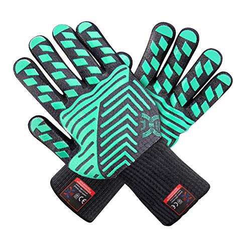 J H Heat Resistant Oven GloveEN407 Certified 932 °F 2 Layers Silicone Coating Oven Mitts for Cooking Kitchen Fireplace Grilling 1 Pair (Regular Cuff Black Shell with Green Coating)