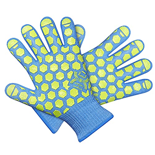 J H Heat Resistant Oven Gloves EN407 Certified 932 °F SkyBlue Shell with Yellow Silicone Coating BBQ  Oven Mitts for Grlling Baking Kitchen Camping Fireplace  Indoor Outdoor Women Fits All