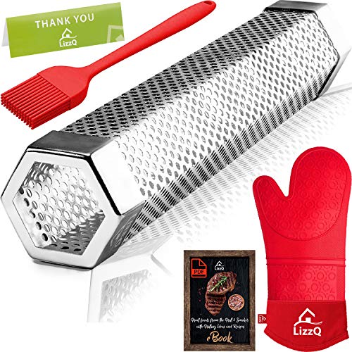 LIZZQ Premium Pellet Smoker Tube 12 inches  5 Hours of Billowing Smoke  for Any Grill or Smoker Hot or Cold Smoking  Stainless Steel 304  Silicone Oven Mitt  Silicone Basting Brush  Free eBook Grilling Ideas and Recipes