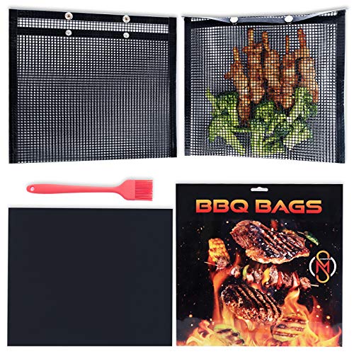 Mesh Grill Bags Combo Set  2 Pcs Barbecue Cook Pouch 1 Pc Mat and Silicone BrushNonstick Reusable Tools for Outdoor Grilling Oven Gas CharcoalMeat Fish Veggies Food GrillersMusthave Bbq Items