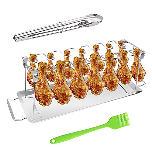 RUBYQ Chicken Leg Wing Grill Rack 14 Slots Stainless Steel Roaster Stand with Drip Pan Kitchen Tong and Silicone Basting Brush BBQ Chicken Drumsticks Rack for Smoker Grill or Oven