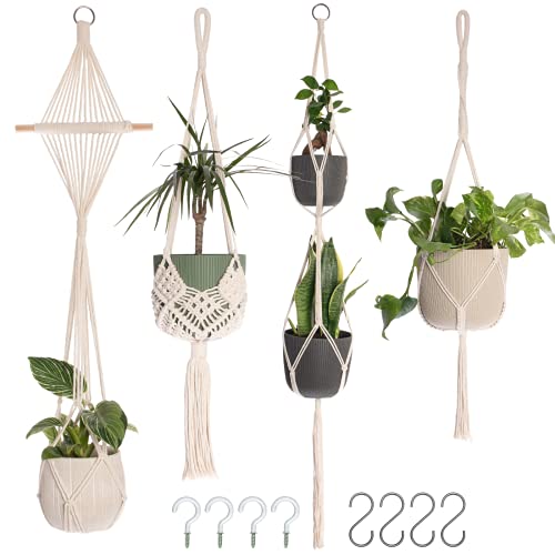 4Pack Macrame Plant Hanger  with 8 Ceiling Hooks  Hanging Planter Indoor Outdoor  Hanging Plant Holder  Decorative Bohemian Plant Hangers  Hanging Plants (Cream)