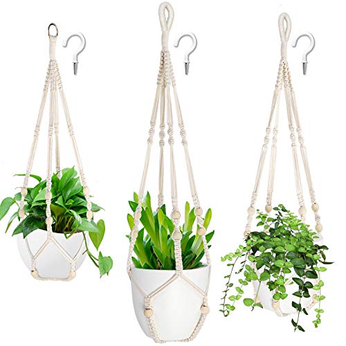 AerWo 3 Pack Macrame Plant Hanger Indoor Hanging Planters  3 Pcs Hooks Handmade Hanging Plant Holder Baskets Stand Flower Pot Holder with Wood Beads for Indoor Outdoor Boho Home Decor (3 Sizes)