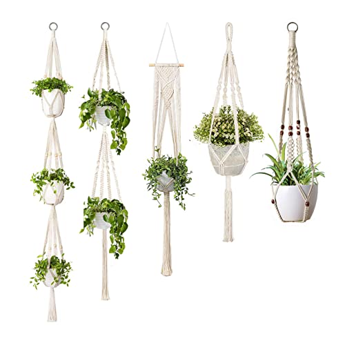 GROWNEER 5 Packs Macrame Plant Hangers with 5 Hooks Different Tiers Handmade Cotton Rope Hanging Planters Set Flower Pots Holder Stand for Indoor Outdoor Boho Home Decor