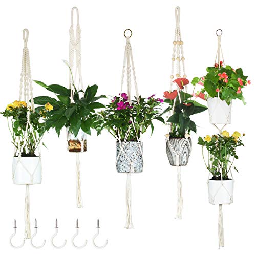 JESMEDIS Macrame Plant Hangers Set of 5 Indoor Wall Hanging Planter Basket Decorative Flower Pot Holder with 5 Hooks